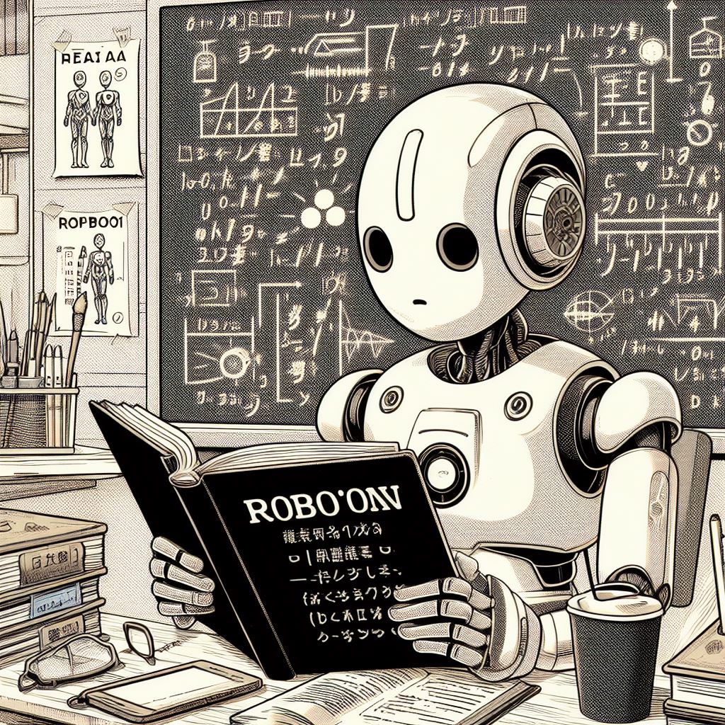 A robot learning, manga style (Bing)